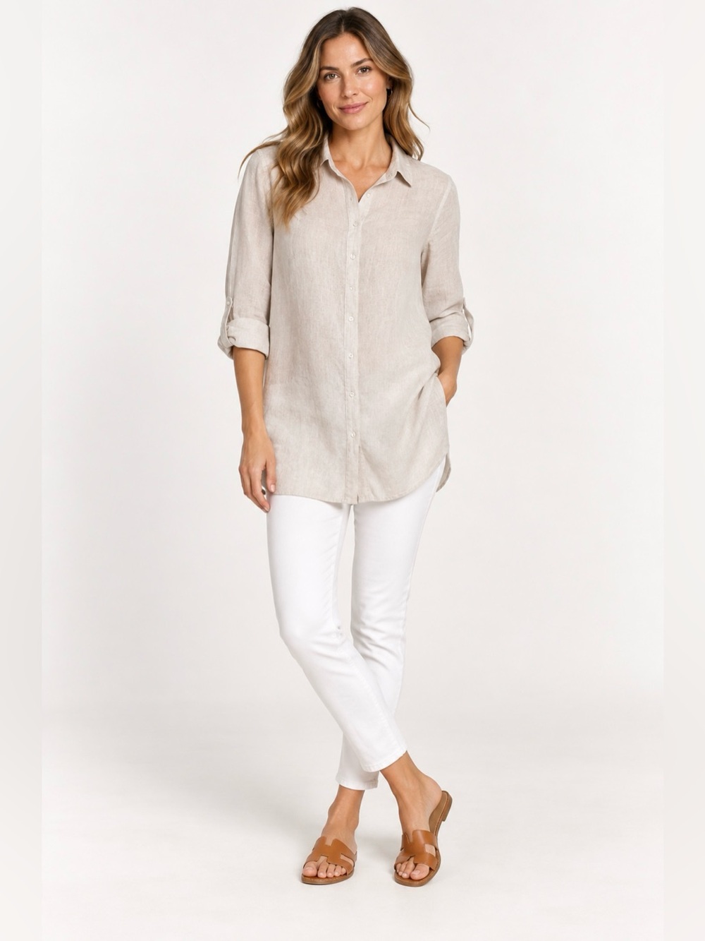 Tahari Beige Linen Roll-Tab Button-Down Tunic Shirt Small